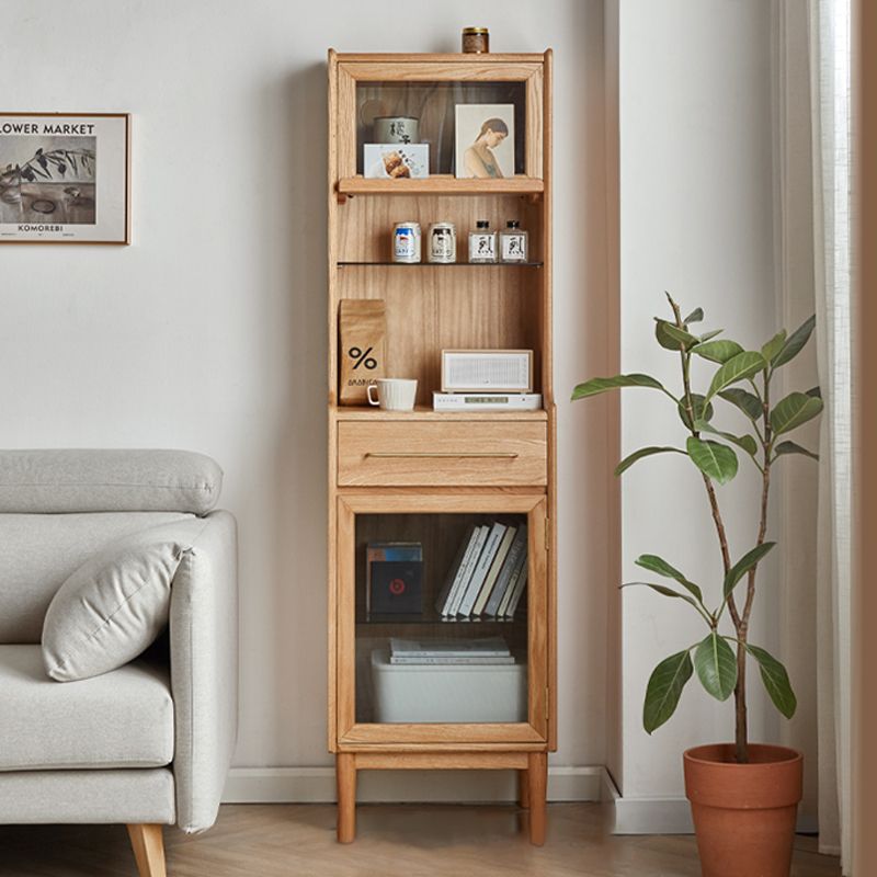Modern Living Room Curio Cabinet Solid Wood Glass Doors with Drawer