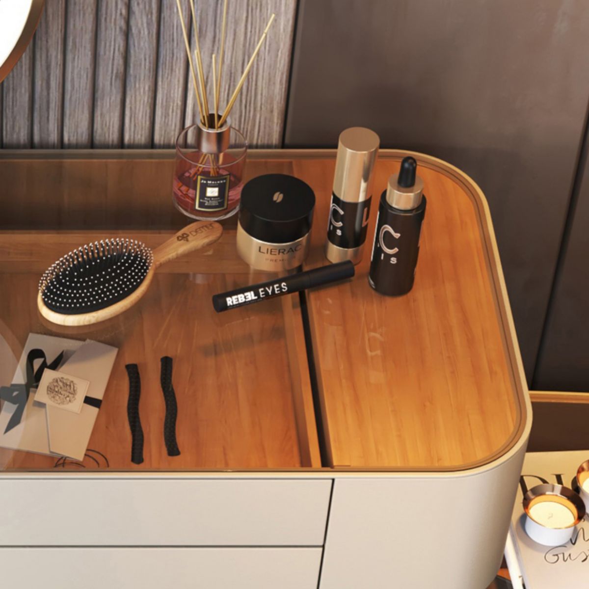 Scrivania di vanità in vetro con 5 cassetti di stoccaggio da 16.14 "set di vanità in legno largo