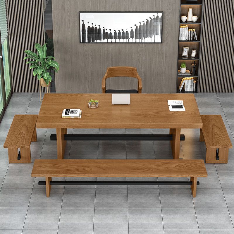 Rectangle Double Pedestal Dining Table Industrial Natural Wood and Metal Table