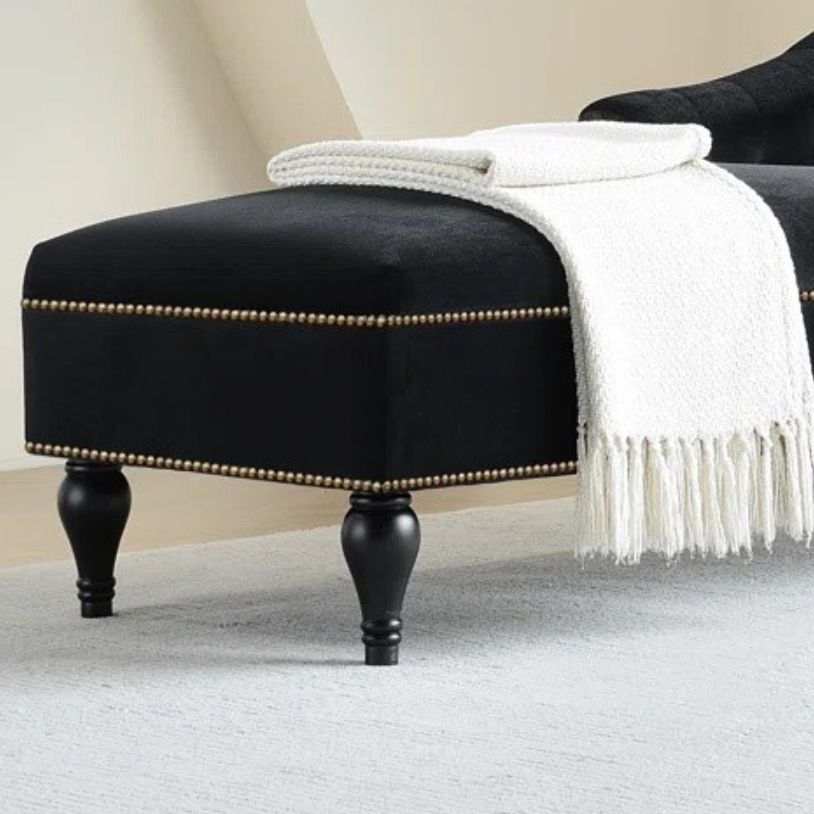 Modern Velvet Upholstered Cushioned One Armed Chaise Lounge with Nailhead Trim