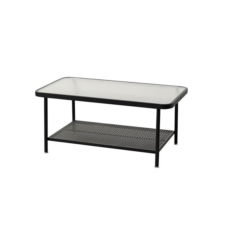 Table basse rectangulaire en verre de 15,75 po, table de cocktail à 4 pieds en fer avec étagère