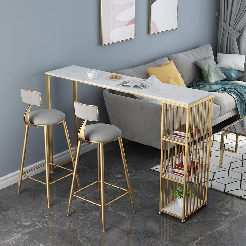 Glam Rectangle Faux Marble Bistro Table Iron Double Pedestal Bar Dining Table, Only Table Clearhalo 'Bar Furniture' 'Bar Tables' 'bar_tables' 'furn' 'furn_bar_tables' 'Furniture' 'furniture_bar_tables' 'Kitchen & Dining Furniture' 1200x1200_5f62e22e-299c-4dda-a8eb-af3f0548f6da