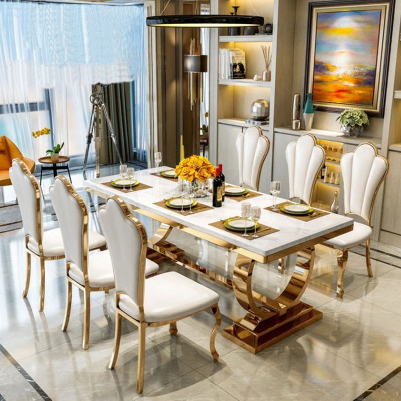 Mesa de comedor Glam Dining de imitación de mármol, mesa rectangular con base de metal para uso doméstico