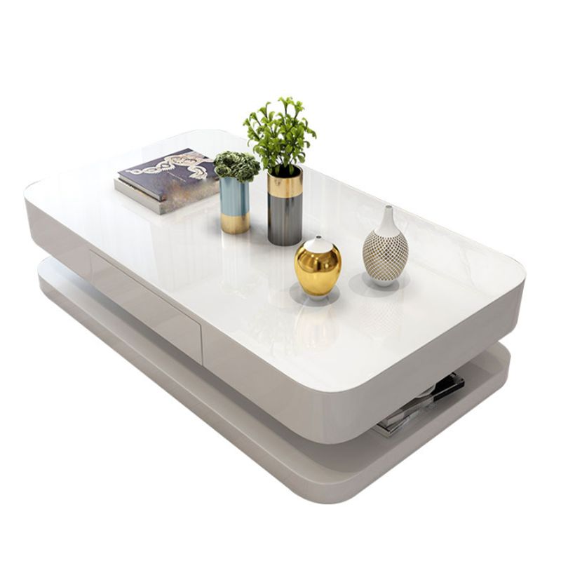 Rectangular White Glass/Wood Coffee Table Block 1 Single Cocktail Table with Drawer