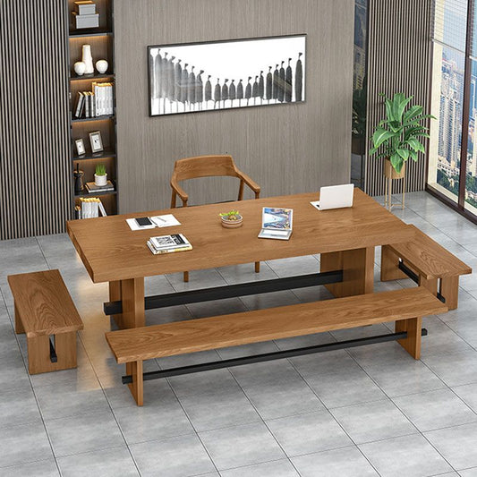 Mesa de comedor de doble pedestal rectángulo Mesa de madera y metal natural industrial