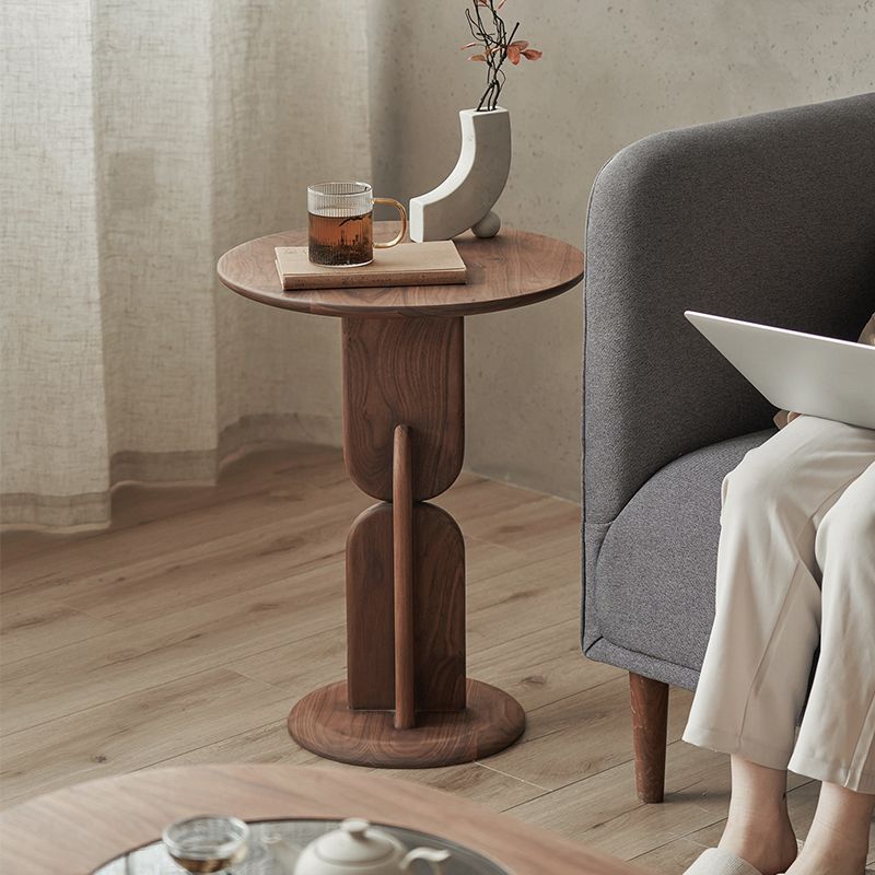 Contemporary Side End Table Round Pedestal Walnut Living Room Solid Wood Corner Table