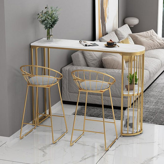 Glam White Stone Pub Bar Table Indoor Iron Double Pedestal Bar Dining Table with 2-Shelf Clearhalo 'Bar Furniture' 'Bar Tables' 'bar_tables' 'furn' 'furn_bar_tables' 'Furniture' 'furniture_bar_tables' 'Kitchen & Dining Furniture' 1200x1200_5ff78456-eb5a-45a3-bab9-4fdb354a872d