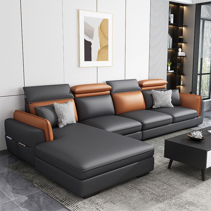 Faux Leather Square Arm Sofa/Sectional with Pillowed Back Cushions, Stain Resistan Clearhalo 'furn' 'furn_sectionals' 'Furniture' 'furniture_sectionals' 'kitchen' 'kitchen_sectionals' 'Living Room Furniture' 'Sectionals' 1200x1200_60494325-899a-4ade-9c16-58b5c7dc47eb