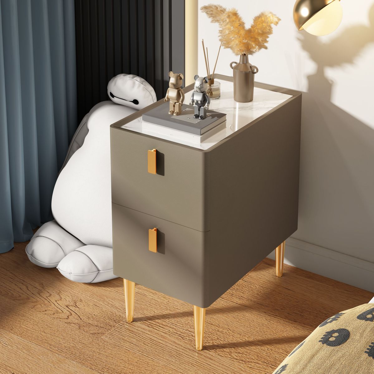 Glam Glam Rectangular Stone Top Night Table Table Cuir de 2 Drawer Tablette de nuit avec 4 jambes