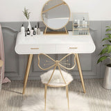 White Wood Makeup Vanity with 2 Drawers Mirrored Dressing Table Stool Set