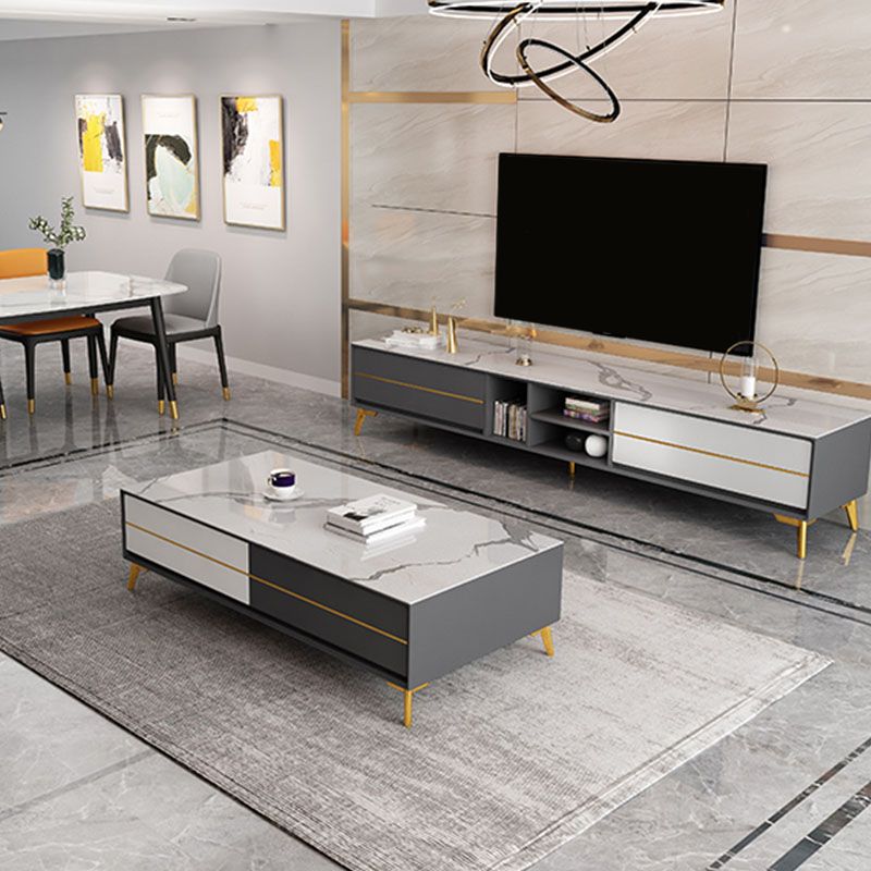 Stein- und Holz -TV -Medien stehen mit Schubladen moderne TV -Standkonsole
