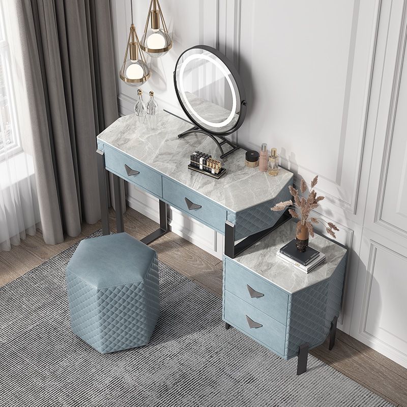 Faux Leather Makeup Dressing Table Stool Set Blue Makeup Vanity