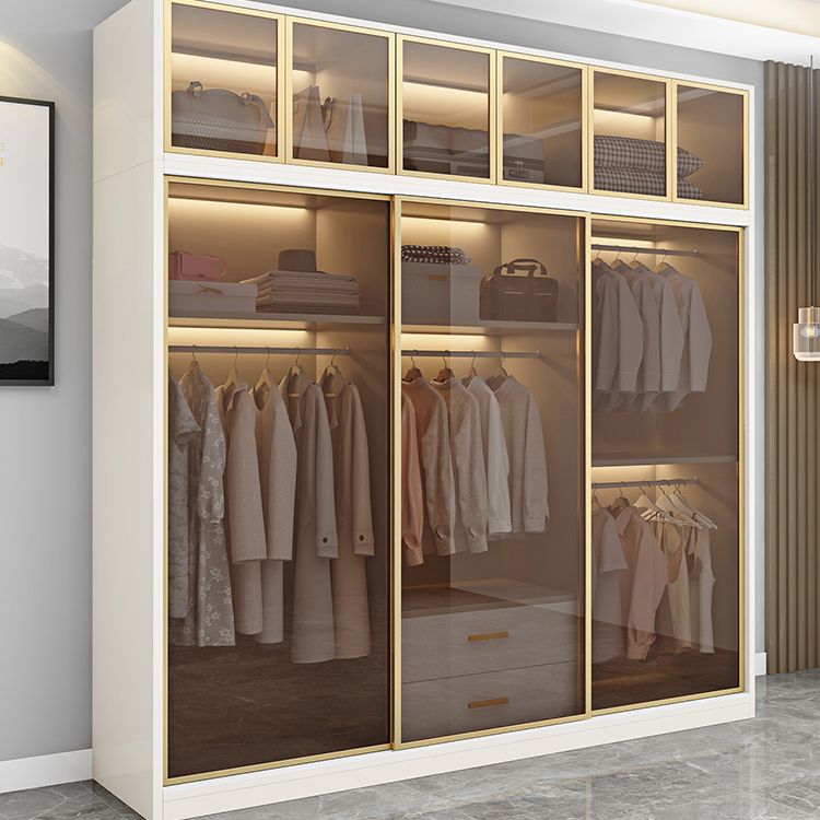Modern Wit Wood Frame Garderobe Vrijstaande garderobe met schuifglazen deuren