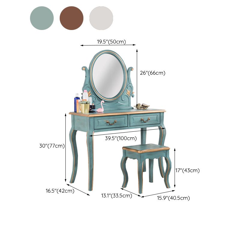 Vanity di trucco vittoriano con cassetto e specchio, tavolo da toeletta in legno massiccio