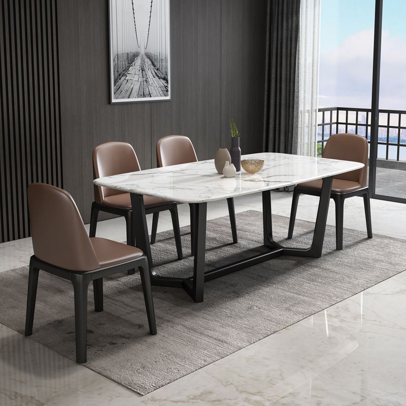Table de dîner fixe en marbre rectangulaire de style simplicité avec base à tréteaux