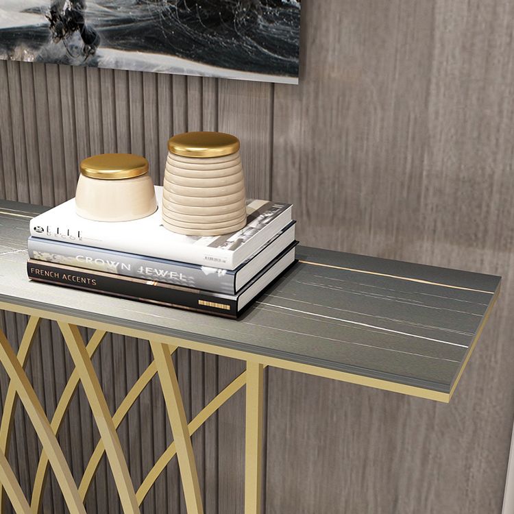 Glam Style Rectangle Top Accent Table with Abstract Iron Base for Hall