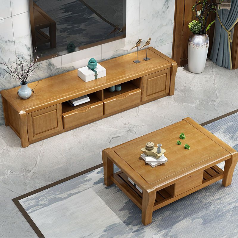 Consola de TV de almacenamiento abierta moderna soporte de televisión de madera maciza con cajones y puertas, 17 "D x 18.5" H