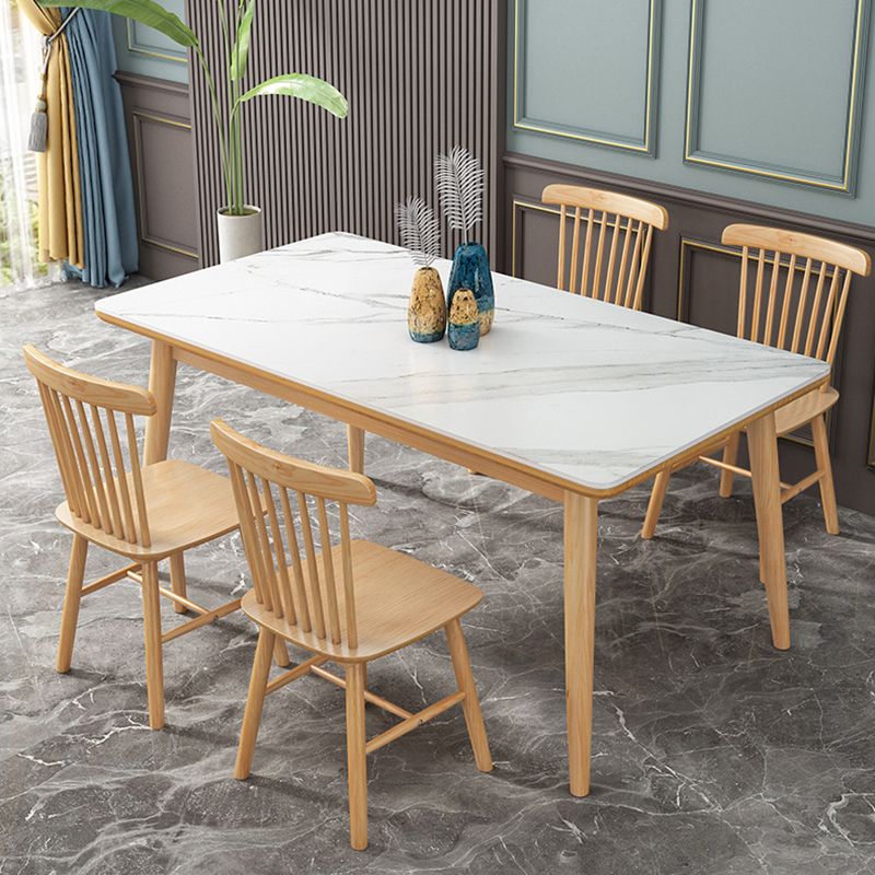 Modern White Rectangle Stone Dining Table with Solid Wood Legs