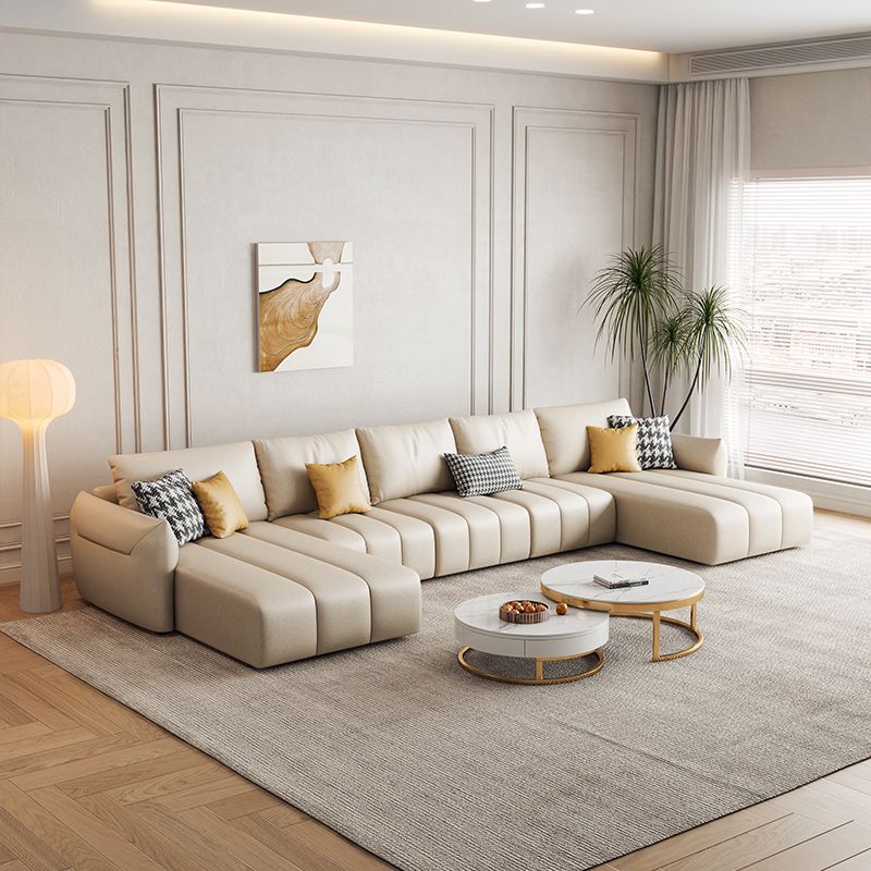 Contemporary Square Arm Loose Back Sofa and Chaise Beige Faux Leather U Sofa