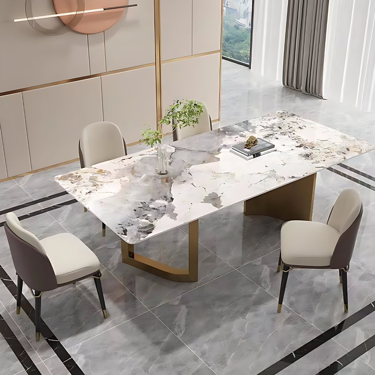 High Gloss Beige Dining Table Set 1/4/5 Pcs Dinette Set with Leather ...