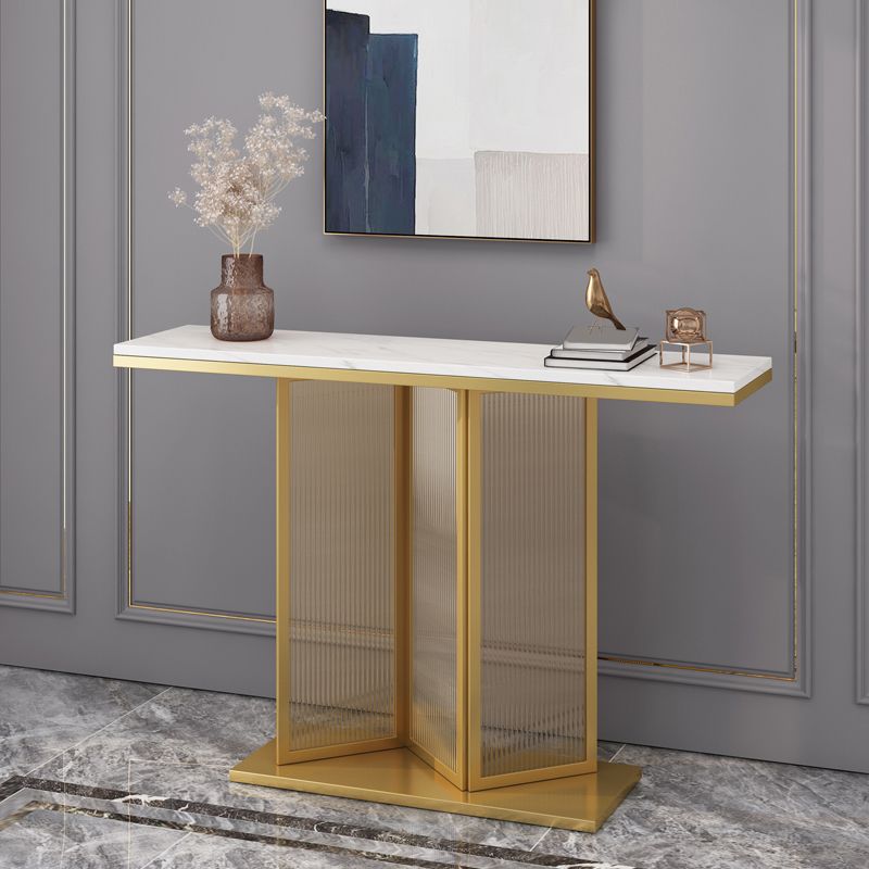 Console top in pietra in stile glam con base di piedistallo di ferro e vetro