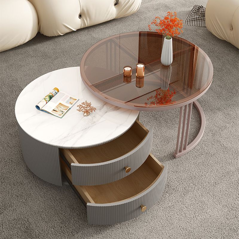 Metal Anb Glass Coffee Table Set Round Nesting Coffee Table Set with 2 Drawers Clearhalo 'Coffee & Accent Tables' 'Coffee Tables' 'coffee_tables' 'furn' 'furn_coffee_tables' 'Furniture' 'Living Room Furniture' 1200x1200_61a6fab4-298f-452b-9b6b-6996caec8a20