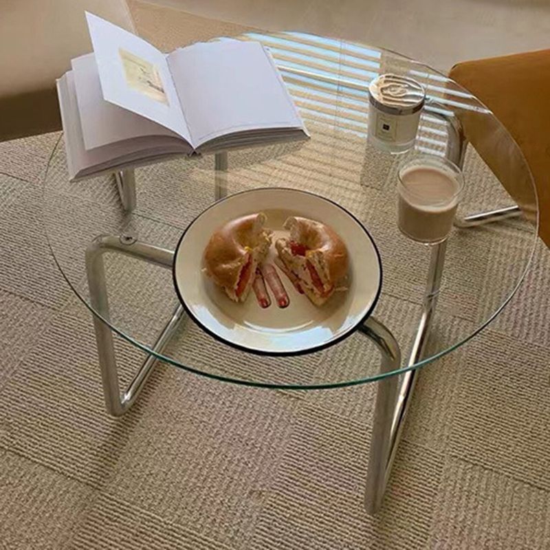 Contemporary Round Glass Top Cocktail Table with Sled Steel Base Clearhalo 'Coffee & Accent Tables' 'Coffee Tables' 'coffee_tables' 'furn' 'furn_coffee_tables' 'Furniture' 'Living Room Furniture' 1200x1200_61abe15d-1525-4d64-ac38-70834b44d1ec