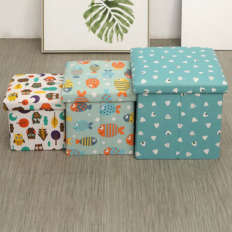 Modern Blue Square Ottoman Trees Pattern Cotton Indoor Ottoman