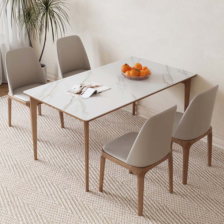 White Stone Top Table with Ash Wood Legs Mid-Century Modern Dining Table