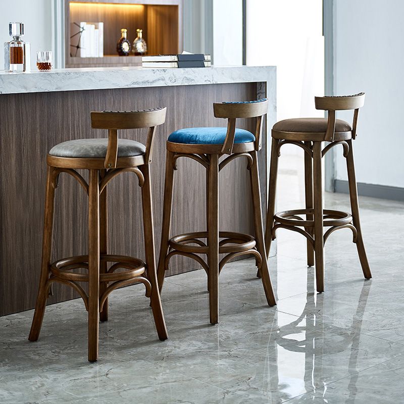Industrial Upholstered Round Stool Low Back Wood Barstool for Living Room