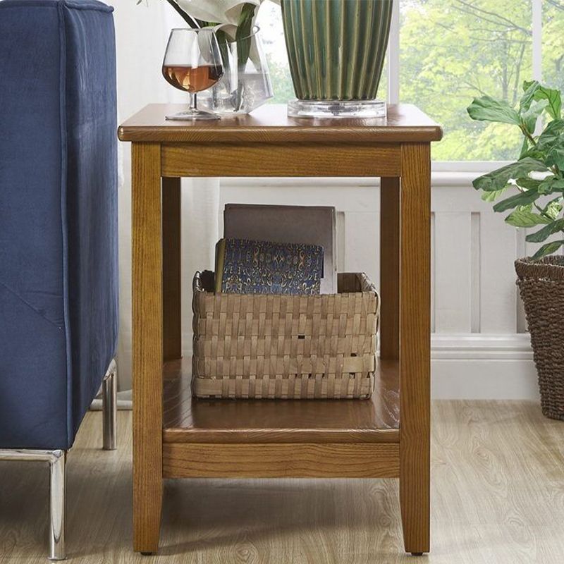 Farmhouse Ash Double Tier End Table, Brown Side Table with Shelf