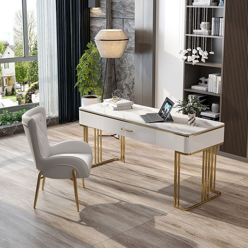 Stone Curved Office Desk Glam 1 Drawer Writing Desk with Sled Base Clearhalo 'furn' 'furn_office_desk' 'Furniture' 'Office Desks' 'Office Furniture' 'office_desk' 1200x1200_6230da1d-cacc-4159-8c36-2dbb7c8d53bc