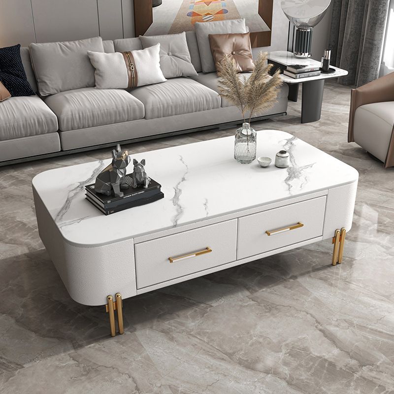Modern Metal 4 Legs Cocktail Table Rectangle Slate Coffee Table with 2 Drawers