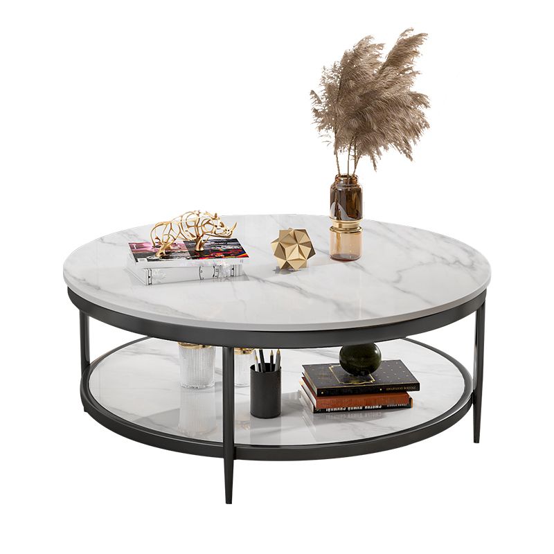 17.7" H Glam Round Slate Coffee Table Metal 4 Legs Cocktail Table with Shelf Clearhalo 'Coffee & Accent Tables' 'Coffee Tables' 'coffee_tables' 'furn' 'furn_coffee_tables' 'Furniture' 'Living Room Furniture' 1200x1200_62a56906-541f-4570-91b4-c4c571423da1