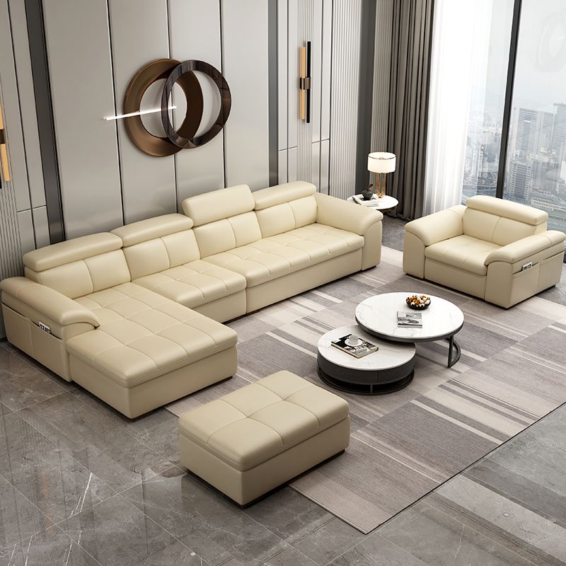 Genuine Leather Sectional Sofa 35.43"High Cushion Back Sofa with Storage,Beige Clearhalo 'furn' 'furn_sectionals' 'Furniture' 'furniture_sectionals' 'Living Room Furniture' 'Sectionals' 1200x1200_62ea84fa-56ad-4deb-aff9-903ffbfb7c66