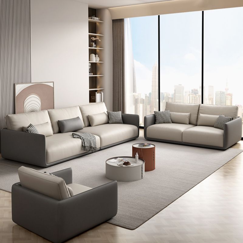 Modern White Pillows Square Arm Living Room Faux Leather Seating