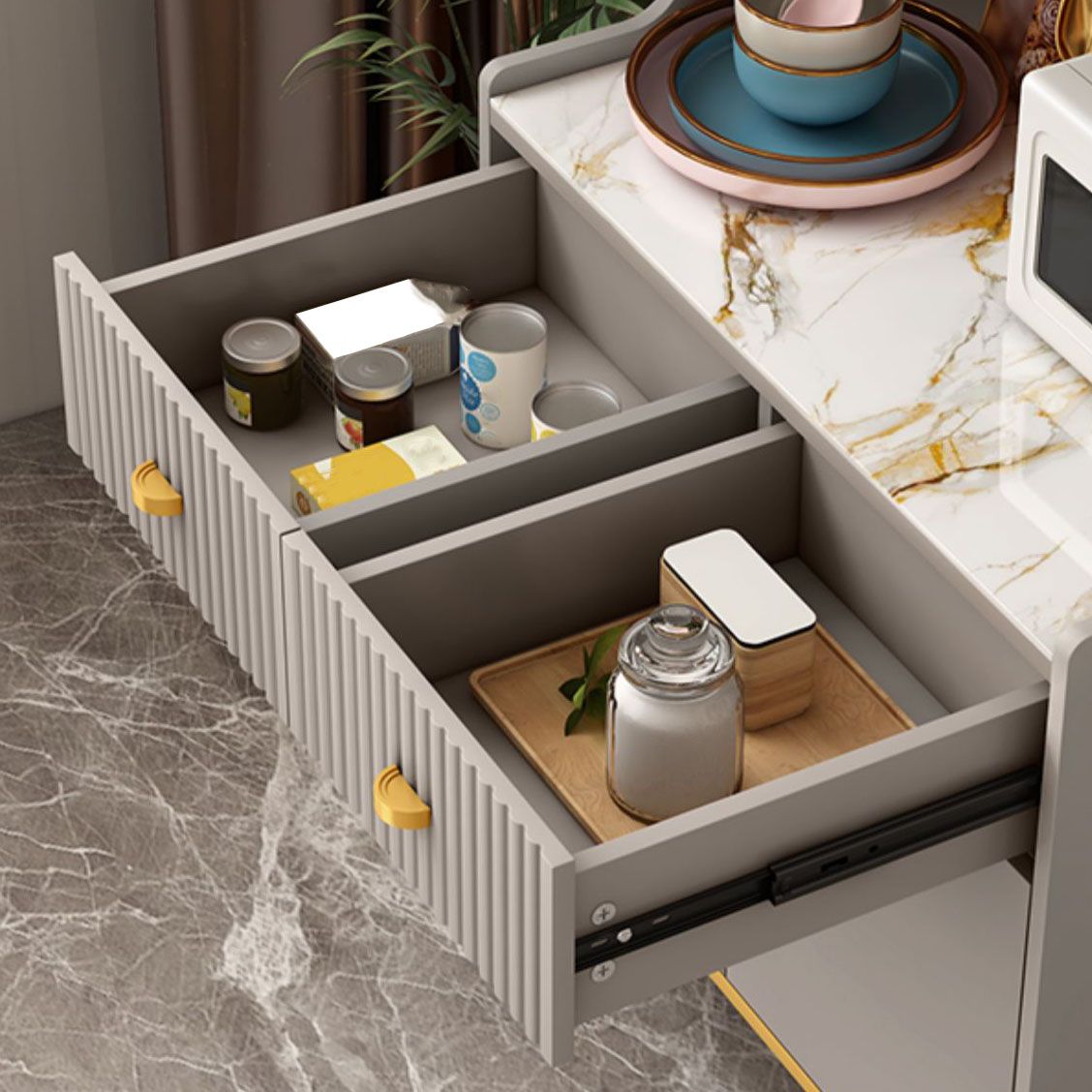 Ultra moderne Faux Wood Dining Dining Hutch Glass Doors Cabinet de rangement pour salle à manger