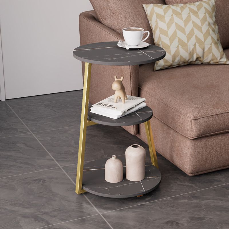 Glam Metal Side Table with Shelves Round Stone Top Accent Side Table