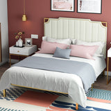 Contemporary Leather Bed Beige Upholstered Bed Frame with Nailhead Trim