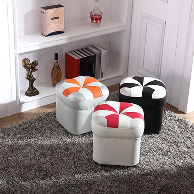 Modern Square Ottoman Contrast Panel Genuine Leather Indoor Footstool Ottoman