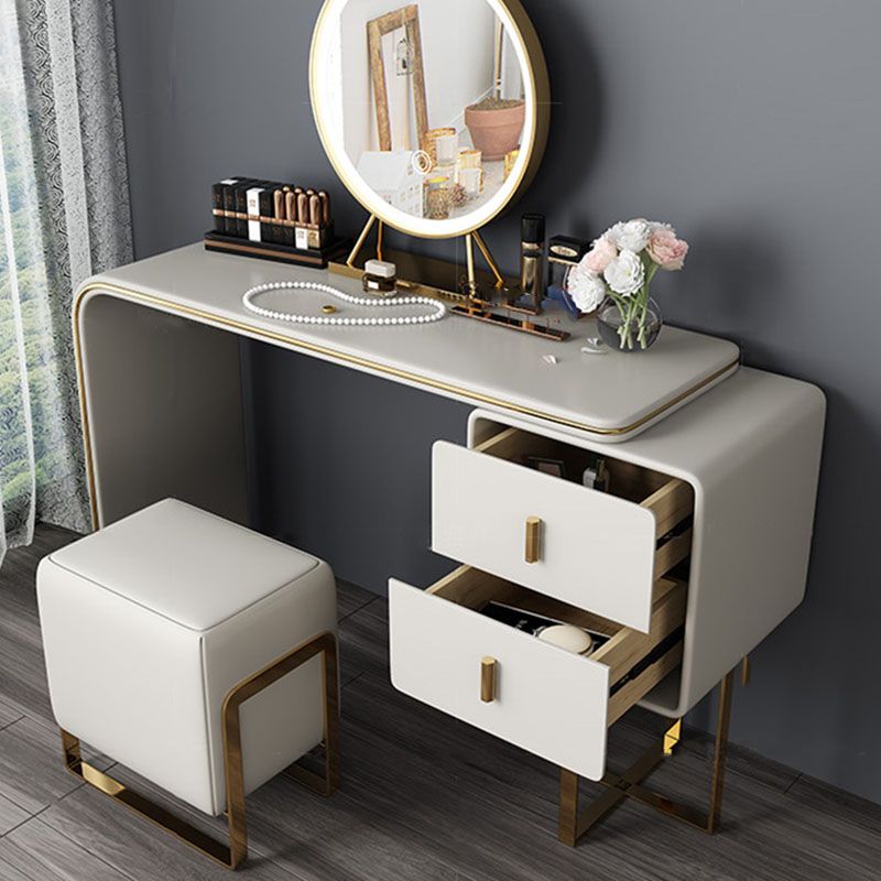 Glam Makeup Vanity Table Faux Leather Wood Dresser With Storage Drawers for Bedroom