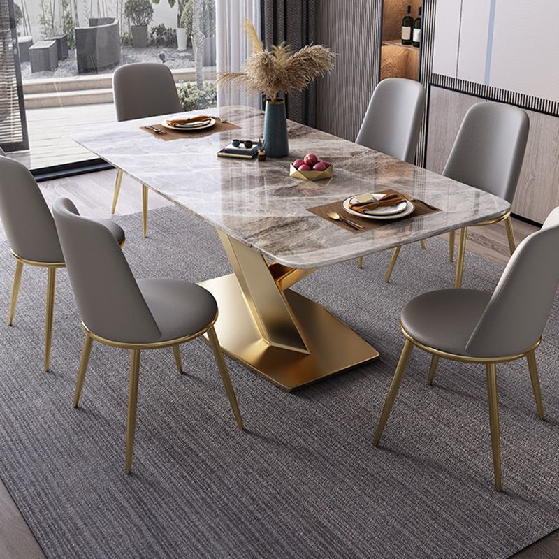 Mesa de comedor rectangular moderna, mesa superior de piedra gris brillante para el hogar