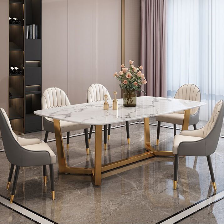 Rectangle Trestle Base Dining Table Glam Style Stone Kitchen Desk Clearhalo 'Dining Tables & Seating' 'Dining Tables' 'dining_table' 'furn' 'furn_dining_table' 'Furniture' 'Kitchen & Dining Furniture' 1200x1200_63ad77df-4947-447b-a2a2-3f9b8d2331df