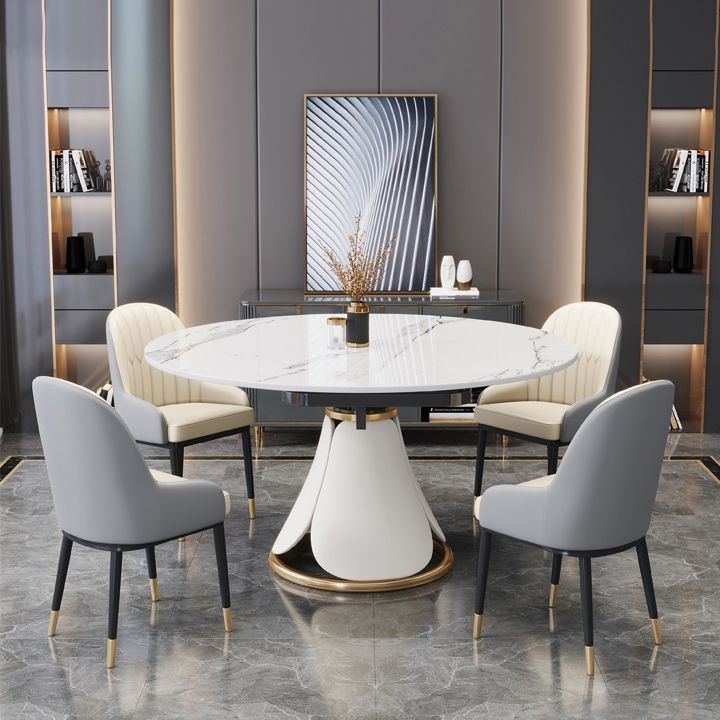 Nordic Round Sintered Stone Dining Table of 5/7 with Metal Base Foldable Dining Set for Restaurant Clearhalo 'Dining Room Sets' 'Dining Tables & Seating' 'dining_room_set' 'furn' 'furn_dining_room_set' 'Furniture' 'furniture_dining_room_set' 'Kitchen & Dining Furniture' 'kitchen&dining_furn' 'kitchen' 1200x1200_63c5d754-9cfb-4687-b913-9293d45026d4