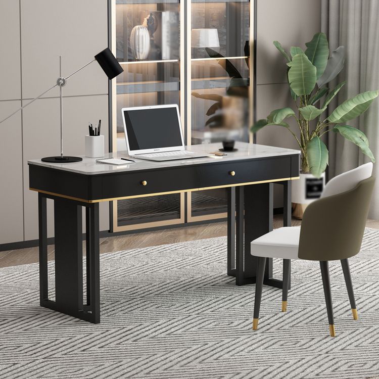 Modern 2-drawer Office Desk Sintered Stone Home Desk with Metal Base Clearhalo 'furn' 'furn_office_desk' 'Furniture' 'Office Desks' 'Office Furniture' 'office_desk' 1200x1200_63d37881-6a8a-4e12-874f-9d97bb8982ee