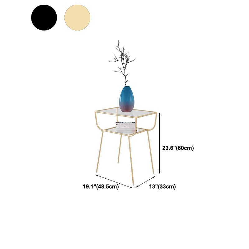 Modern Rectangle Glass Top Side Table 23.6" Tall Iron 4 Legs End Table with Shelf