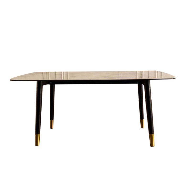 Mesa de comedor rectangular moderna de mediados de siglo con tapa de piedra y patas de madera maciza