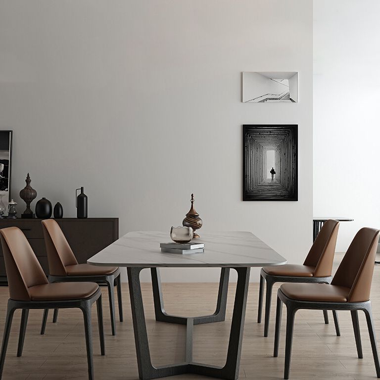Rectangle Trestle Base Industrial Table White Fixed Table with Sintered Stone Clearhalo 'Dining Tables & Seating' 'Dining Tables' 'dining_table' 'furn' 'furn_dining_table' 'Furniture' 'furniture_dining_table' 'Kitchen & Dining Furniture' 1200x1200_641c0a45-ee88-4088-86b3-284e0cc999b6