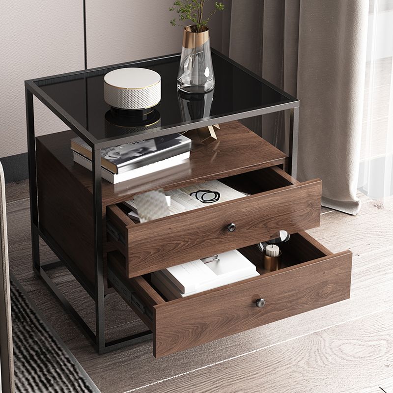 21.25" Tall Rectangular Glass Top Side Table Iron Frame 2-Drawer End Table