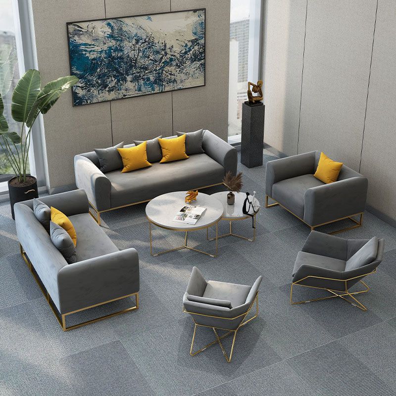 Grey Velvet Sofa with Tight Back and Gold Frame for Living Room